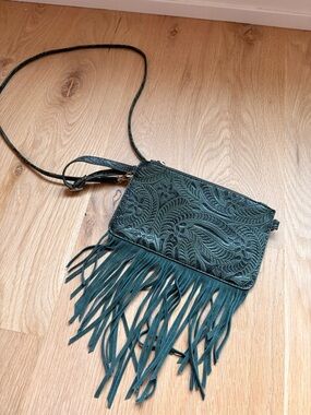 Fringed Embossed Crossbody Bag in Teal